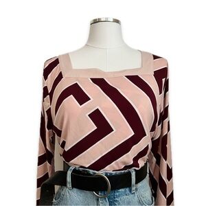 liz claiborne | pink red geometric print 3/4 sleeve square neck blouse | sz l